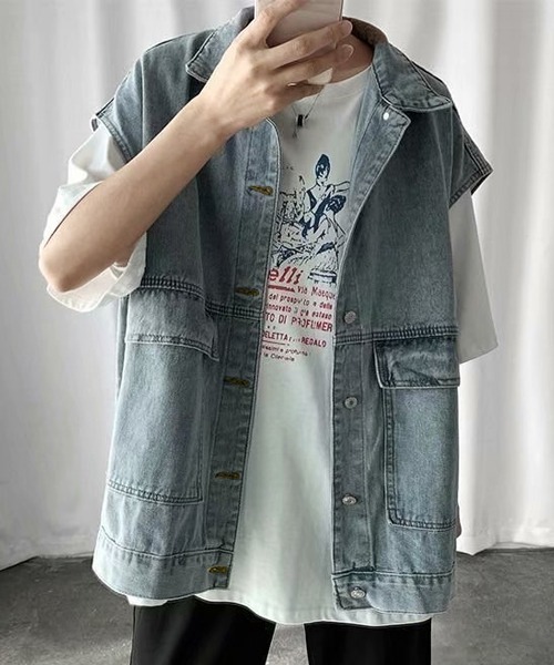 NOWLE（ノウル）の「【NOWLE】ビッグポケット ルーズシルエット デニムベスト（ベスト・メンズ・ブルー/ブラック・MEDIUM/LARGE/X-LARGE）」の10枚目の写真
