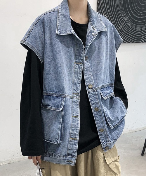 NOWLE（ノウル）の「【NOWLE】ビッグポケット ルーズシルエット デニムベスト（ベスト・メンズ・ブルー/ブラック・MEDIUM/LARGE/X-LARGE）」の4枚目の写真