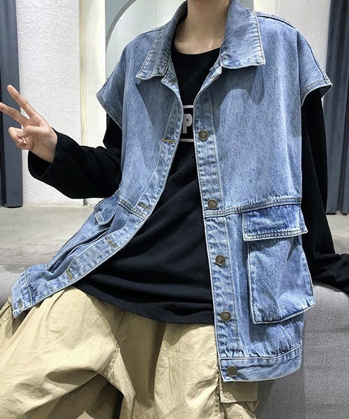 NOWLE（ノウル）の「【NOWLE】ビッグポケット ルーズシルエット デニムベスト（ベスト・メンズ・ブルー/ブラック・MEDIUM/LARGE/X-LARGE）」の5枚目の写真