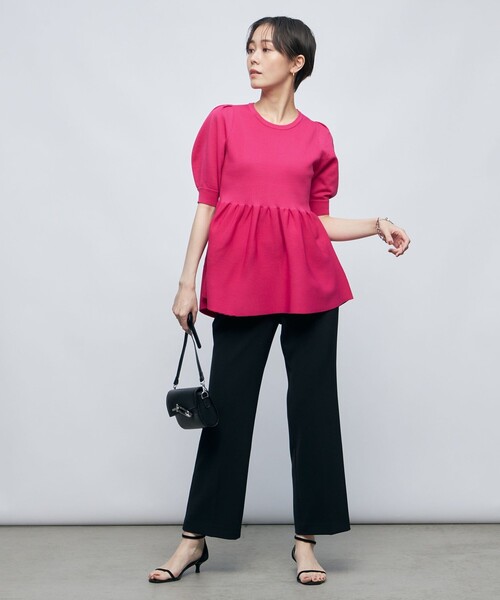 NOLLEY’S Sophi（ノーリーズソフィ）の「《手洗い可能》ポリ　ペプラムパフスリーブプルオーバーニット（ニット/セーター・レディース・ブラック/ピンク/オフホワイト・38）」の6枚目の写真