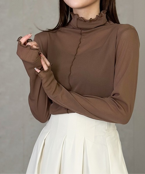 Per sist ence(パーシエンス)の「シアーメローハイネックトップス(Tシャツ/カットソー・レディース・ブラウン/アイボリー/ブラック/グレー・FREE)」の4枚目の写真