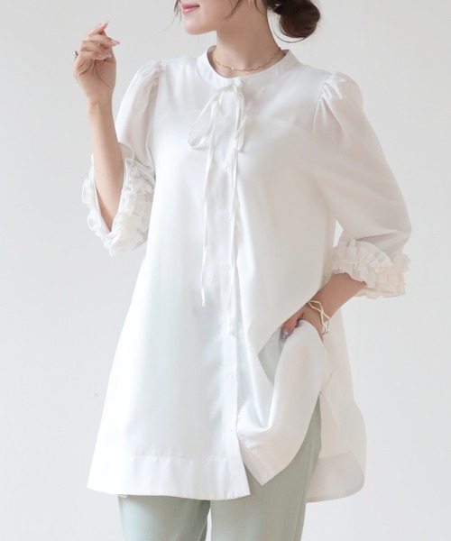 O.S.K（オーエスケー）の「[O.S.K]フリル袖 リボンシャツ（シャツ/ブラウス・レディース・ホワイト/ブラック・M/L）」の14枚目の写真