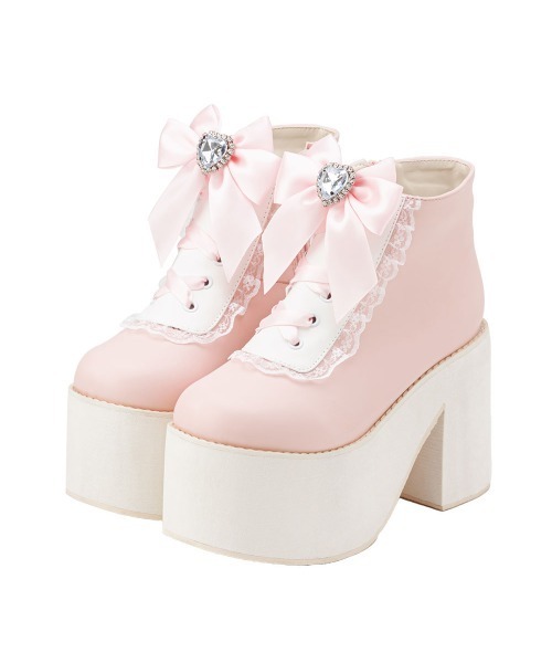 DearMyLove(ディアマイラブ)の「ハートビジューレースアップショートブーツ(ブーツ・レディース・ブラック×ピンク/コーラル/ホワイト/ピンク系その他/ブラック・21.5cm/22.5cm/23.5cm/24.5cm/25.5cm)」の5枚目の写真