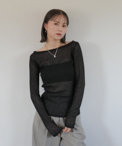Reurie'（レウリィ）の「ボートネックシアートップ / シアーニット シースルーニット  オフショル   レイヤード グレー グレージュ ブラック（Tシャツ/カットソー・レディース・ブラック/カーキ・FREE）」の12枚目の写真