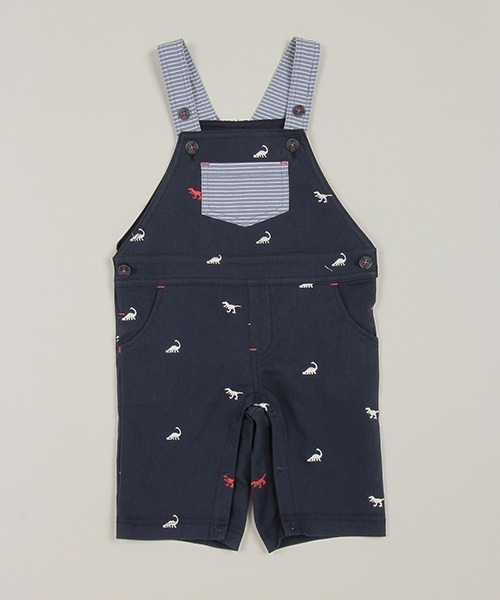 sense of wonder(センスオブワンダー)の「恐竜刺しゅうサロペットパンツ(サロペット/オーバーオール・キッズ・ネイビー/ベージュ・70-80cm/80-90cm)」の1枚目の写真