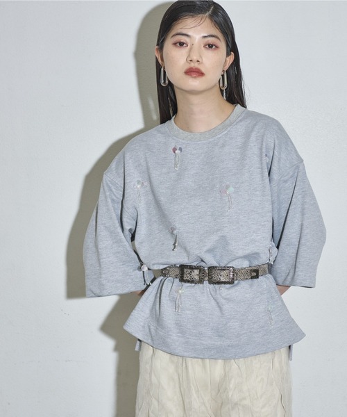セール】ビーズ刺繍ハーフスリーブトップス（Tシャツ/カットソー