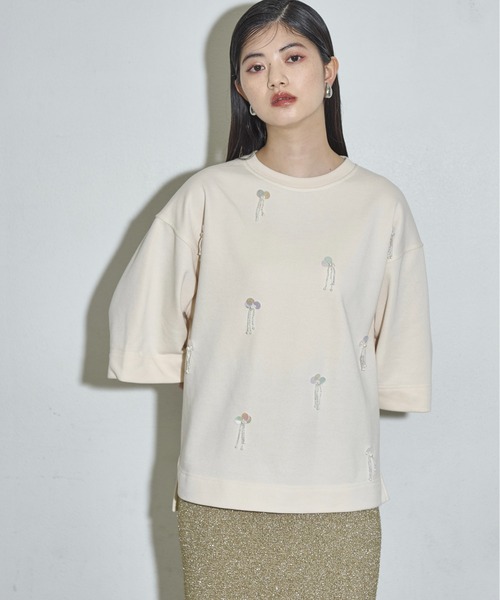 セール】ビーズ刺繍ハーフスリーブトップス（Tシャツ/カットソー