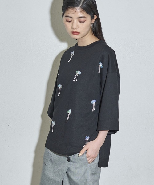 セール】ビーズ刺繍ハーフスリーブトップス（Tシャツ/カットソー