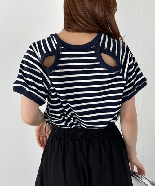 un+frame（アンフレーム）の「バックホールボーダー半袖トップス（Tシャツ/カットソー・レディース・ホワイト/ネイビー・FREE）」の8枚目の写真