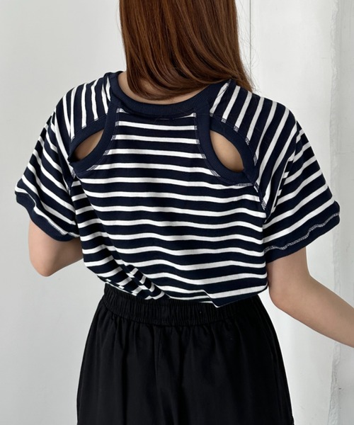 un+frame（アンフレーム）の「バックホールボーダー半袖トップス（Tシャツ/カットソー・レディース・ホワイト/ネイビー・FREE）」の3枚目の写真