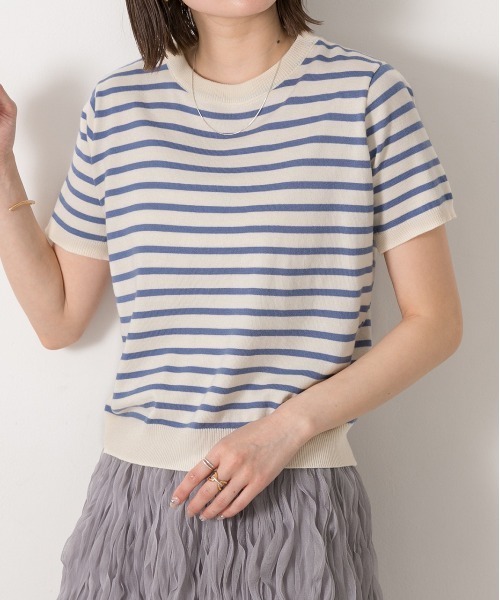 ad thie(アドティエ)の「ボーダー・ベーシック クルーネックニット(ニット/セーター・レディース・ブルー/ホワイト×ブラック/ライトブルー/ネイビー/イエロー/パープル/ブラック×ホワイト/ピンク/グリーン/ライトグリーン・FREE)」の7枚目の写真