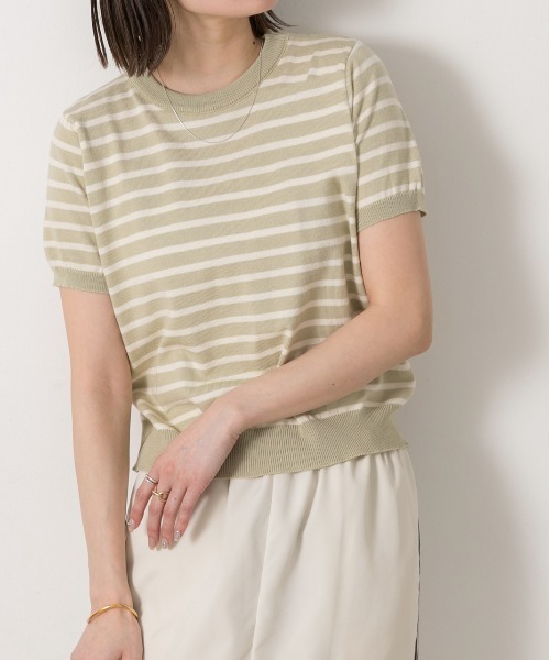 ad thie(アドティエ)の「ボーダー・ベーシック クルーネックニット(ニット/セーター・レディース・ブルー/ホワイト×ブラック/ライトブルー/ネイビー/イエロー/パープル/ブラック×ホワイト/ピンク/グリーン/ライトグリーン・FREE)」の5枚目の写真