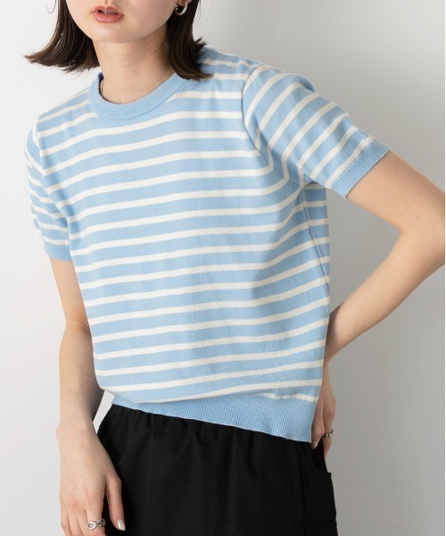 ad thie(アドティエ)の「ボーダー・ベーシック クルーネックニット(ニット/セーター・レディース・ブルー/ホワイト×ブラック/ライトブルー/ネイビー/イエロー/パープル/ブラック×ホワイト/ピンク/グリーン/ライトグリーン・FREE)」の1枚目の写真