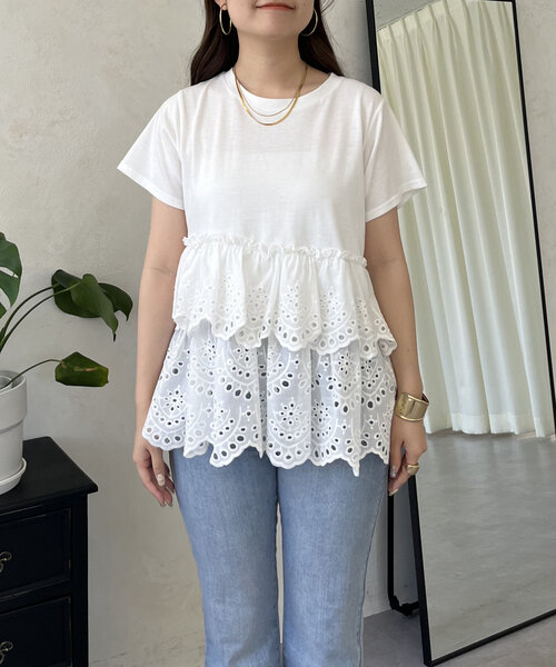 prose verse(プロズヴェール)の「ティアードスカラップレース切替Tシャツ(Tシャツ/カットソー・レディース・ブラック/オフホワイト・MEDIUM/LARGE)」の3枚目の写真