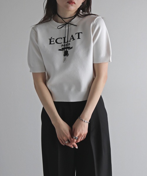 COURO（コウロ）の「プリントクロップドニットTシャツ（ニット/セーター・レディース・ブラック/サックスブルー/グレイッシュベージュ/チャコール/ホワイト系/ホワイト系1/ピンク系/ピンク系1・FREE）」の13枚目の写真