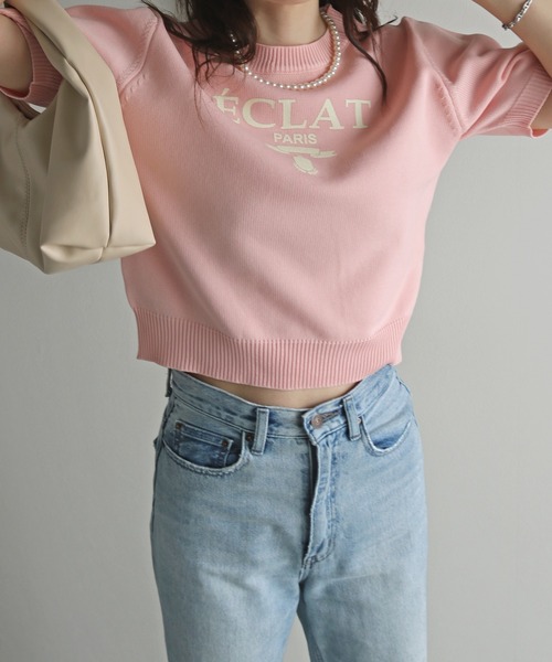 COURO（コウロ）の「プリントクロップドニットTシャツ（ニット/セーター・レディース・ブラック/サックスブルー/グレイッシュベージュ/チャコール/ホワイト系/ホワイト系1/ピンク系/ピンク系1・FREE）」の17枚目の写真