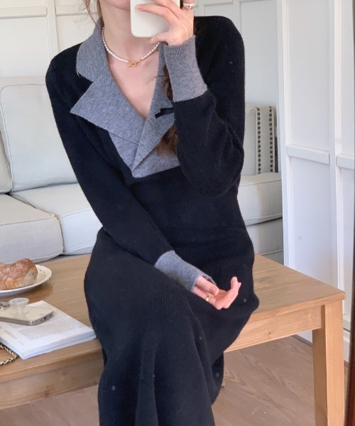 新品タグ付tricot tricot ポケット配色ワンピース　ブラック✖︎ベージュ 新品タグ付tricot tricot ポケット配色ワンピース ブラック