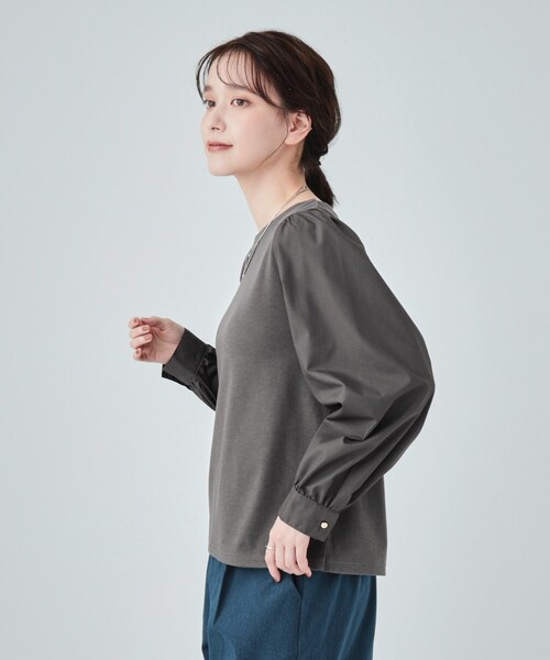 DRESKIP（ドレスキップ）の「◆【洗える】きれい見え 異素材切替パフスリーブトップス（Tシャツ/カットソー・レディース・チャコールグレー/ブルーグリーン/ライトグレー・02/03/04）」の5枚目の写真