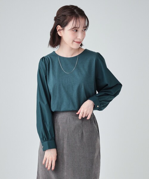 DRESKIP（ドレスキップ）の「◆【洗える】きれい見え 異素材切替パフスリーブトップス（Tシャツ/カットソー・レディース・チャコールグレー/ブルーグリーン/ライトグレー・02/03/04）」の12枚目の写真