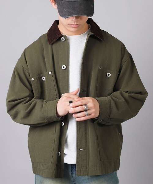 SPINNS（スピンズ）の「古着MIX＆ストリート/ダック生地で丈夫なカバーオールジャケット（カバーオール・メンズ・チャコール/ネイビー/アイボリー/カーキ・ONESIZE）」の3枚目の写真