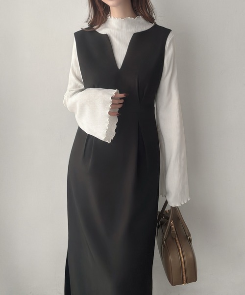 Meiru（メイル）の「バックシアーキーネックジャンパースカート[高身長サイズMT/低身長サイズS有り]（ジャンパースカート・レディース・ダークベージュ/チャコール/ブラック・MT/X-LARGE/LARGE/MEDIUM/SMALL）」の7枚目の写真