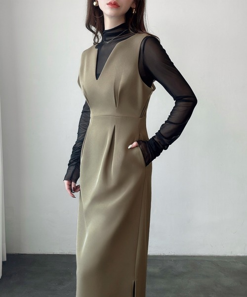 Meiru（メイル）の「バックシアーキーネックジャンパースカート[高身長サイズMT/低身長サイズS有り]（ジャンパースカート・レディース・ダークベージュ/チャコール/ブラック・MT/X-LARGE/LARGE/MEDIUM/SMALL）」の18枚目の写真