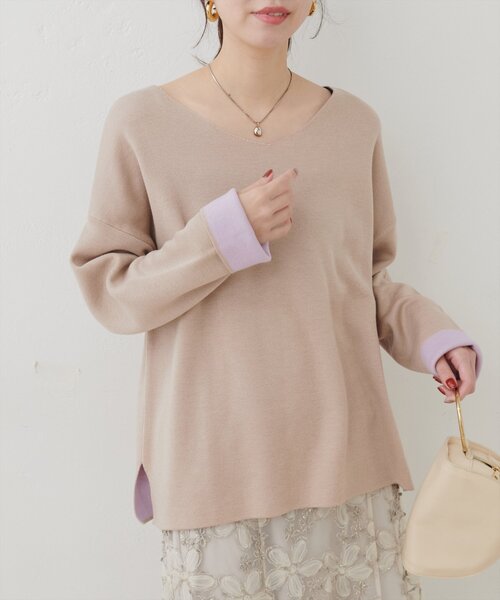 natural couture(ナチュラルクチュール)の「WフェイスVネックゆるニット(ニット/セーター・レディース・ピンク/ベージュ/ネイビー/オフホワイト・FREE)」の2枚目の写真