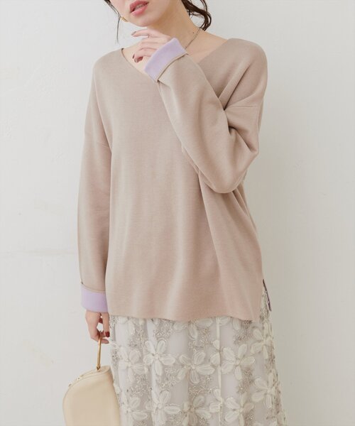 natural couture(ナチュラルクチュール)の「WフェイスVネックゆるニット(ニット/セーター・レディース・ピンク/ベージュ/ネイビー/オフホワイト・FREE)」の10枚目の写真