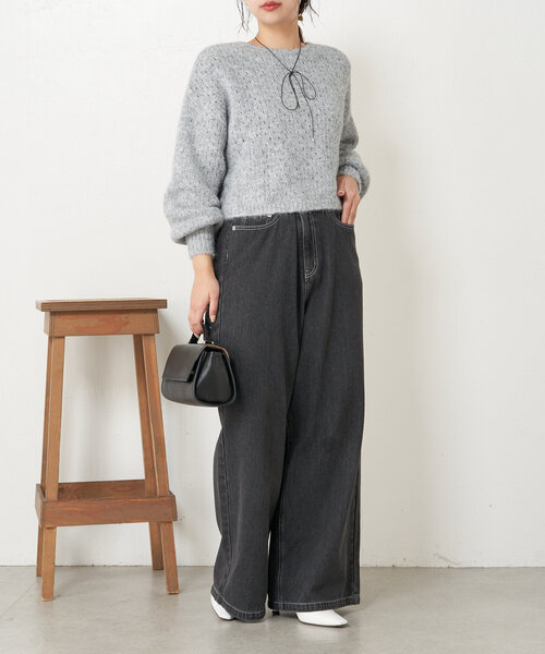 Jena espace merveilleux(ジェナ エスパスメルヴェイユ)の「透かし編みショートニット(ニット/セーター・レディース・パープル/ベージュ/グレー・FREE)」の4枚目の写真