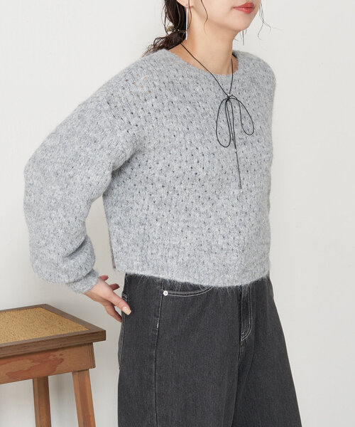 Jena espace merveilleux(ジェナ エスパスメルヴェイユ)の「透かし編みショートニット(ニット/セーター・レディース・パープル/ベージュ/グレー・FREE)」の8枚目の写真