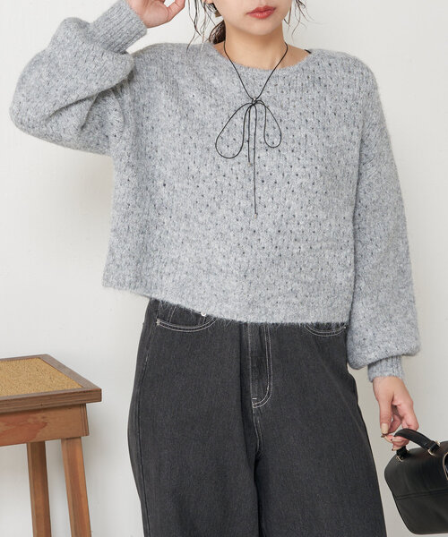 Jena espace merveilleux(ジェナ エスパスメルヴェイユ)の「透かし編みショートニット(ニット/セーター・レディース・パープル/ベージュ/グレー・FREE)」の9枚目の写真