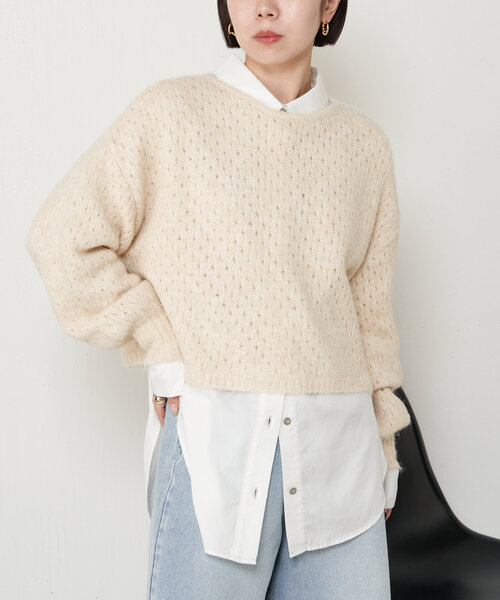Jena espace merveilleux(ジェナ エスパスメルヴェイユ)の「透かし編みショートニット(ニット/セーター・レディース・パープル/ベージュ/グレー・FREE)」の21枚目の写真