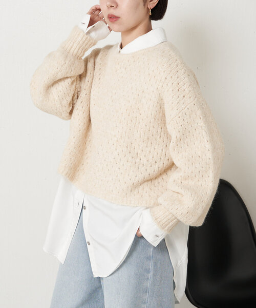 Jena espace merveilleux(ジェナ エスパスメルヴェイユ)の「透かし編みショートニット(ニット/セーター・レディース・パープル/ベージュ/グレー・FREE)」の22枚目の写真
