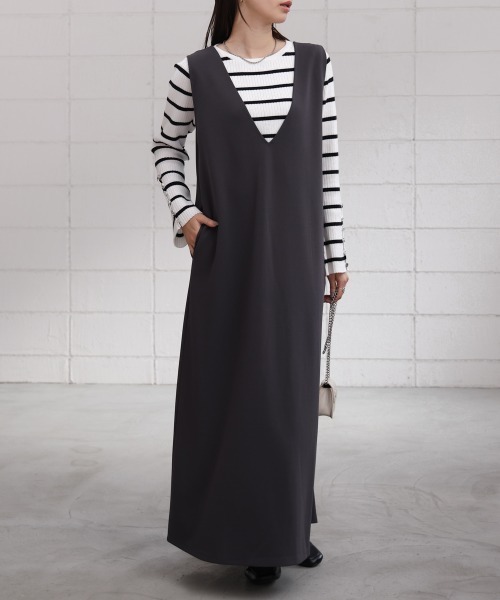 Bab(バブ)の「【低身長さん向けサイズあり】【マタニティ】【イージーケア】イージージョーゼット前後2WAYジャンパースカート(ワンピース・レディース・アイボリー/ベージュ/チャコールグレー/モカ/ブラック・S/M)」の6枚目の写真