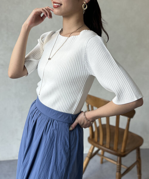 Chez toi（シェトワ）の「コンパクト五分袖プルオーバー（ニット/セーター・レディース・ブラック/ブルー/オフホワイト/ピンク・FREE）」の8枚目の写真