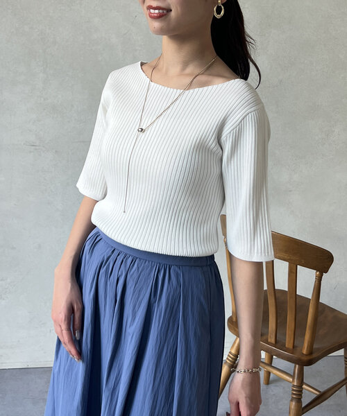 Chez toi（シェトワ）の「コンパクト五分袖プルオーバー（ニット/セーター・レディース・ブラック/ブルー/オフホワイト/ピンク・FREE）」の6枚目の写真