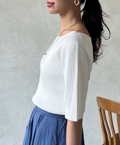 Chez toi（シェトワ）の「コンパクト五分袖プルオーバー（ニット/セーター・レディース・ブラック/ブルー/オフホワイト/ピンク・FREE）」の5枚目の写真