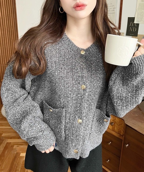 セール】Wポケット金ボタンツイードライクニットカーディガン