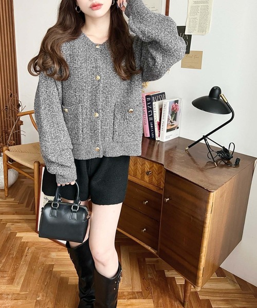 セール】Wポケット金ボタンツイードライクニットカーディガン