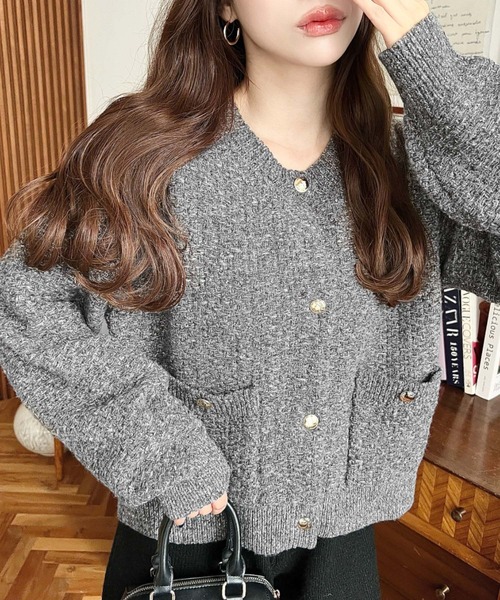 セール】Wポケット金ボタンツイードライクニットカーディガン