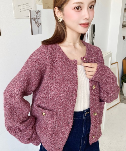 美品♡ダイアグラム グレースコンチネンタル ツイード ニットジャケット 金ボタン Wポケット金ボタンツイードライクニットカーディガン[品番