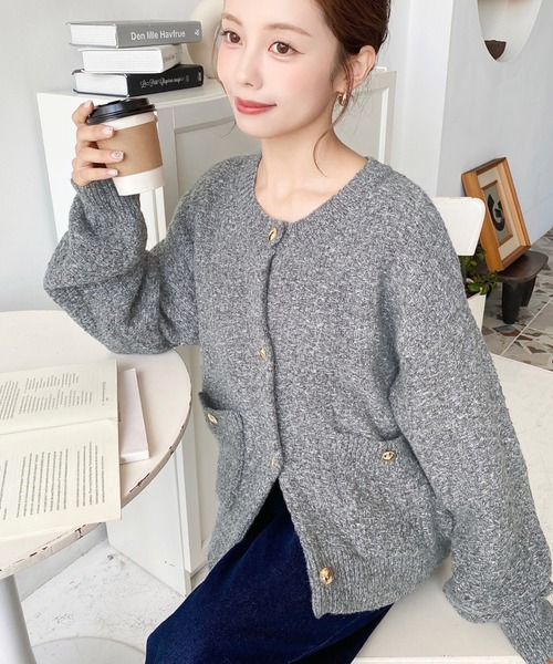 セール】Wポケット金ボタンツイードライクニットカーディガン