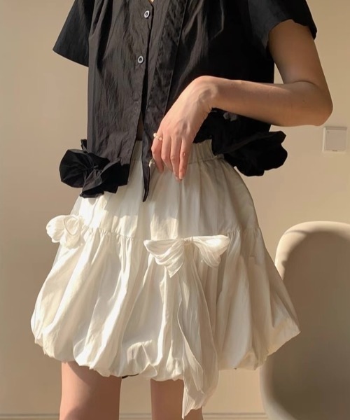 ampm（エーエムピーエム）の「シアーリボンバルーンスカート（スカート・レディース・ブラック/ホワイト・FREE）」の5枚目の写真