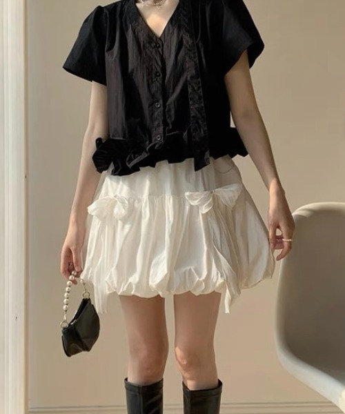 ampm（エーエムピーエム）の「シアーリボンバルーンスカート（スカート・レディース・ブラック/ホワイト・FREE）」の6枚目の写真