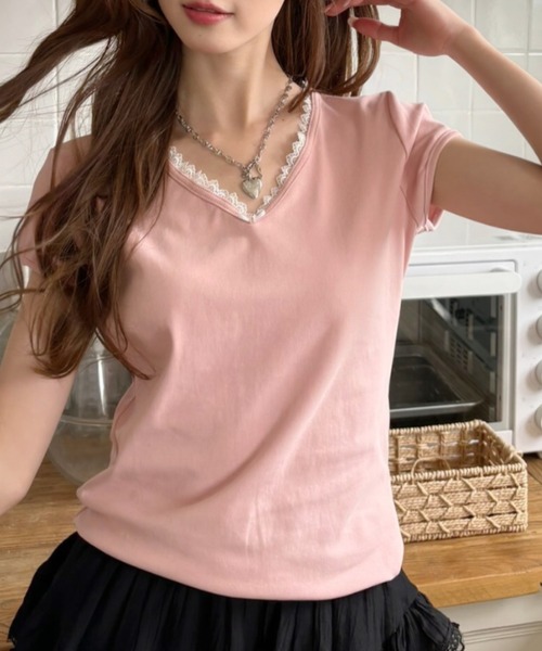 Ada.（エイダ）の「Vネック レースデザイン フレンチスリーブ カットソー（Tシャツ/カットソー・レディース・ブラック/アイボリー/ライトグレー/ピンク・FREE）」の4枚目の写真