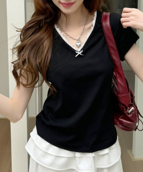 Ada.（エイダ）の「Vネック レースデザイン フレンチスリーブ カットソー（Tシャツ/カットソー・レディース・ブラック/アイボリー/ライトグレー/ピンク・FREE）」の3枚目の写真