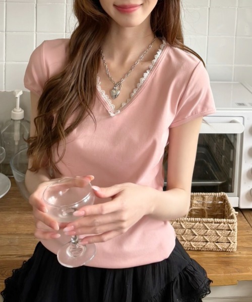 Ada.（エイダ）の「Vネック レースデザイン フレンチスリーブ カットソー（Tシャツ/カットソー・レディース・ブラック/アイボリー/ライトグレー/ピンク・FREE）」の18枚目の写真