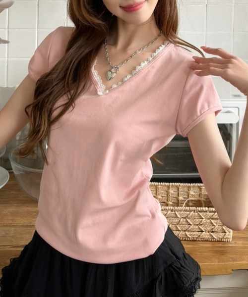 Ada.（エイダ）の「Vネック レースデザイン フレンチスリーブ カットソー（Tシャツ/カットソー・レディース・ブラック/アイボリー/ライトグレー/ピンク・FREE）」の19枚目の写真