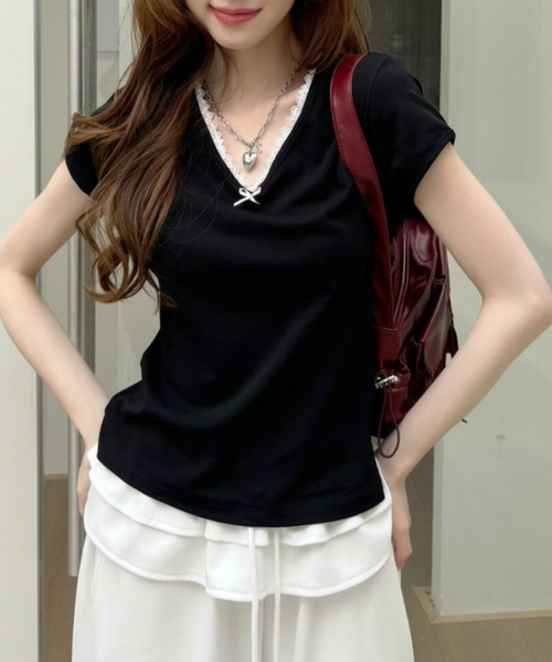 Ada.（エイダ）の「Vネック レースデザイン フレンチスリーブ カットソー（Tシャツ/カットソー・レディース・ブラック/アイボリー/ライトグレー/ピンク・FREE）」の10枚目の写真