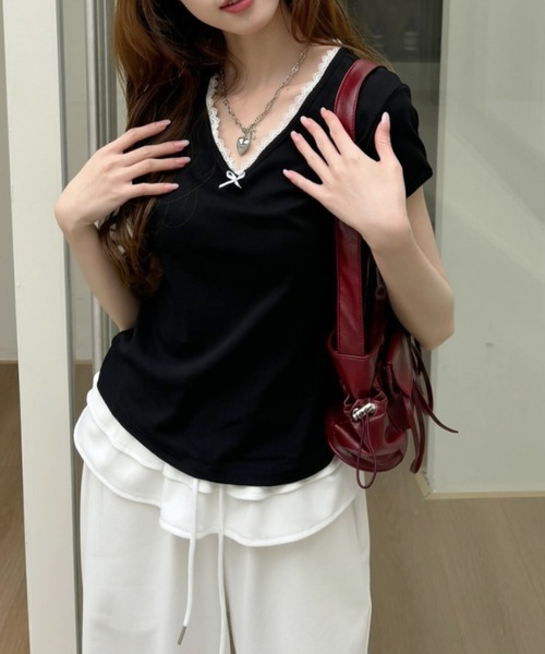 Ada.（エイダ）の「Vネック レースデザイン フレンチスリーブ カットソー（Tシャツ/カットソー・レディース・ブラック/アイボリー/ライトグレー/ピンク・FREE）」の11枚目の写真